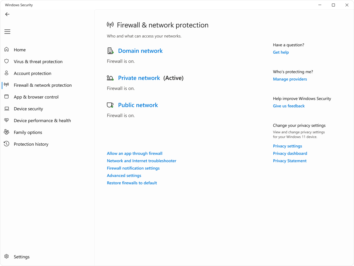 Screenshot of the Firewall and Network Protection page of the Windows Security app.