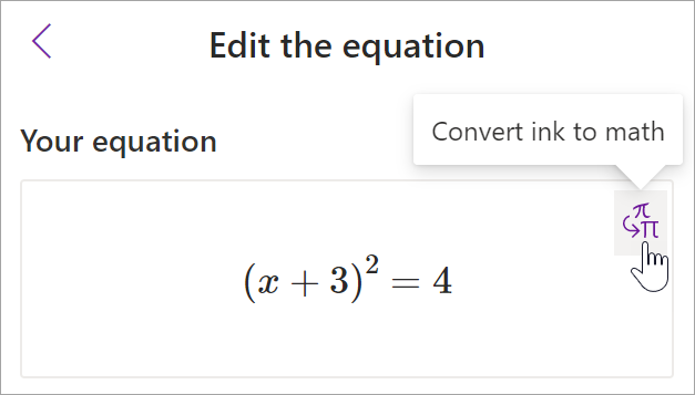 screenshot of the math assistant pane in onenote. A cursor hovers over the ink to text button. 