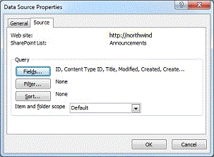 The Query section in the Daa Source Properties dialog box for a SharePoint list or library