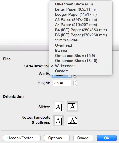 Page Setup box with slide size options