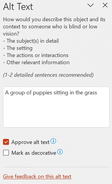 Approve Alt Text checkbox selected in the Alt text pane.