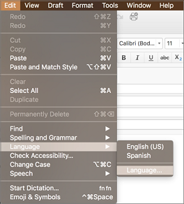 Outlook 2016  for Mac Edit > Language menu