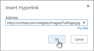 Hyperlink dialog with web address and OK button highlighted