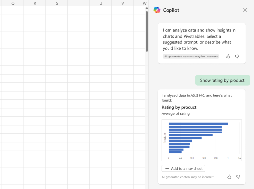 Screenshot of how Copilot can present analyzed data in charts, graphs, and tables.