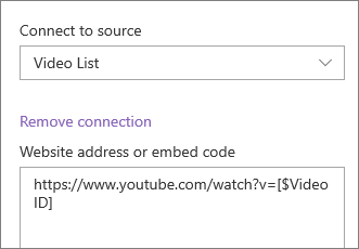 Embed web part property pane showing connected list