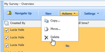 From the Actions button, click Delete to delete selected data