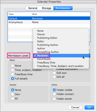 Calendar permissions dialog with Reviewer permission highlighted