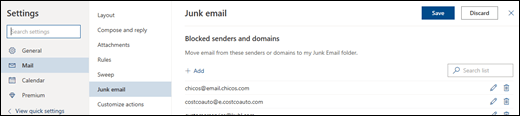 A screenshot shows the Junk email window in the Mail area of Settings.
