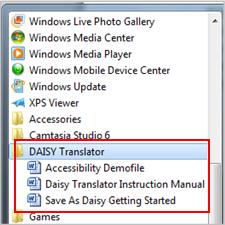 Start menu showing Daisy files after installation