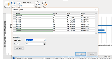 Manage Sprint dialog box in the forefront and project in the background