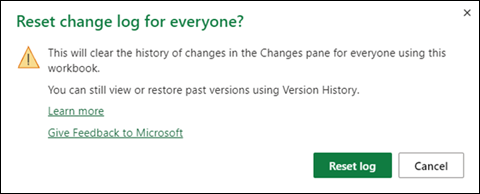 Excel for the web Reset Changes Confirmation