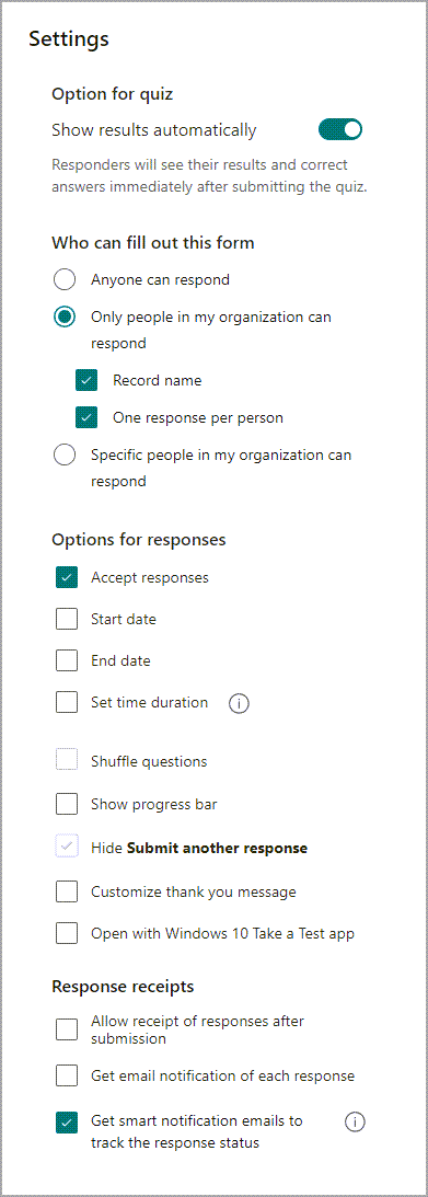 settings screen to turn form notifications on and off