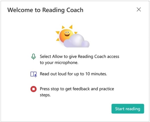 screenshot of the introduction modal for reading coach, steps are liwted including allowing access to microphone, reading outloud, then pressing stop. 
