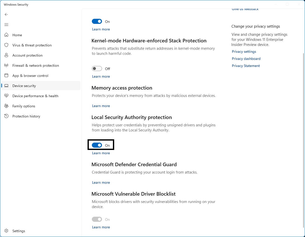 Control for LSA protection on the Core Isolation page of the Windows Security App