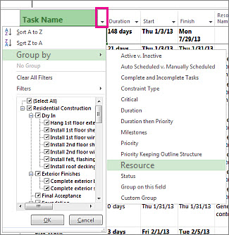 Task Name column menu with Group by Resources selected