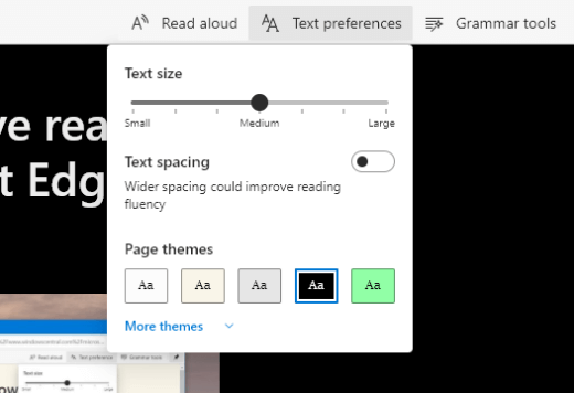 The immersive reader view activated on Microsoft Edge showing the view menus.