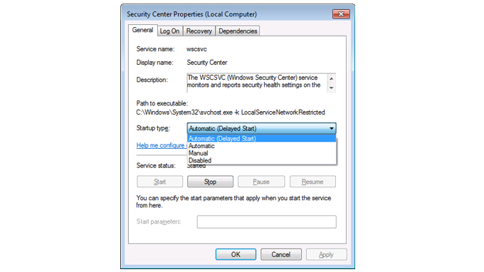 Security Center Properties dialog box