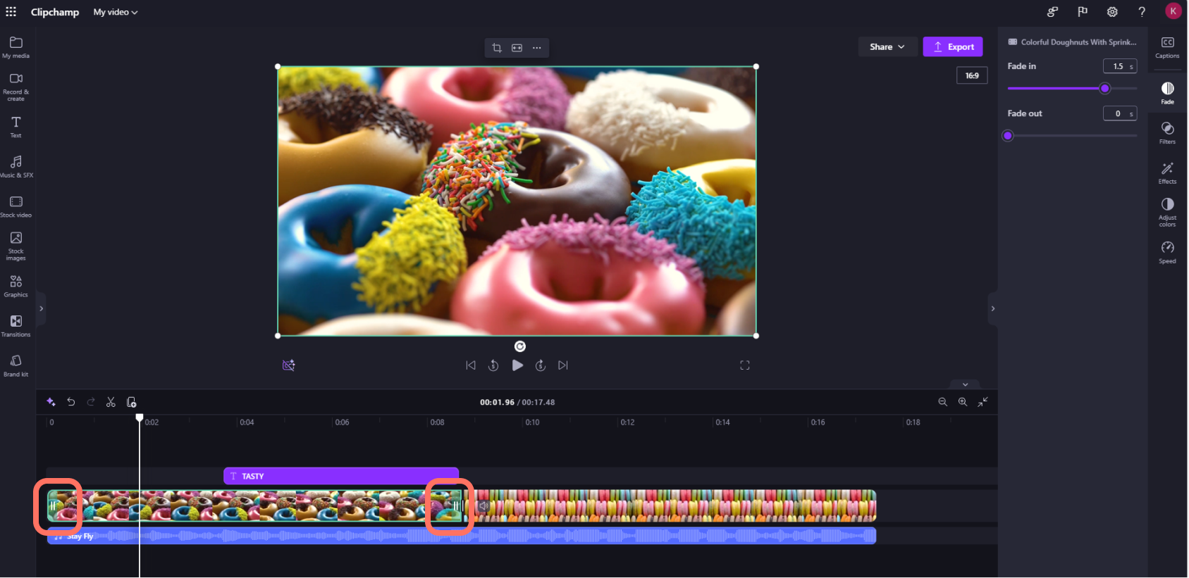 A screenshot of a Clipchamp for work accounts user changing the length of a video clip on the timeline.