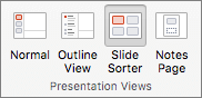 Screenshot shows the Presentation Views group with the options for Normal, Outline View, Slide Sorter, and Notes Page.