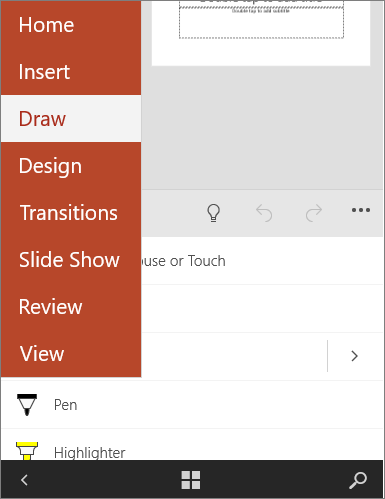 Shows the Draw tab selected in Office Mobile.