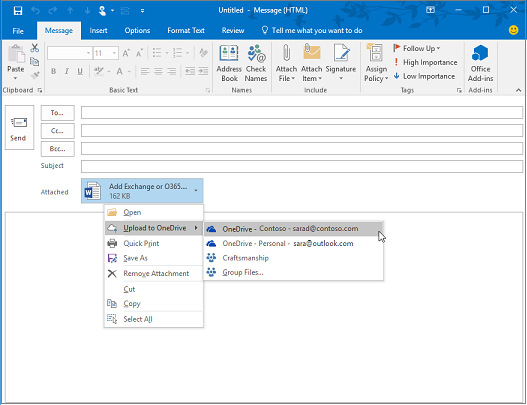 Upload to OneDrive options include OneDrive and group document libraries