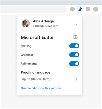 Microsoft Editor extension showing drop-down from browser with settings for switching options on and off