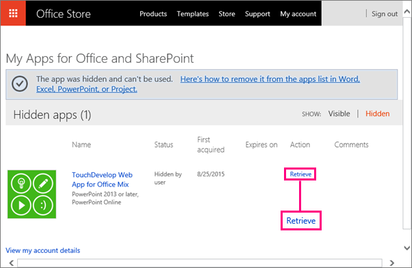 Shows Retrieve link on the Apps for Office and SharePoint site