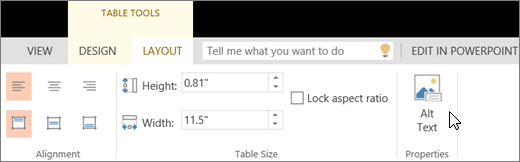 Screenshot shows the Layout tab of Table Tools with the cursor pointing to the Alt Text option.