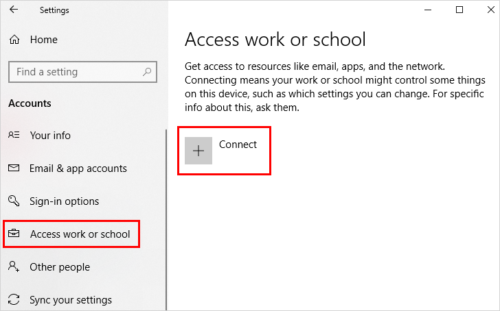 Access work or school screen with Connect option highlighted