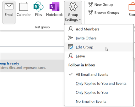 On the ribbon, select Group Settings > Edit Group