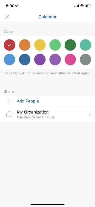 Shows a calendar on a mobile screen. Under the Share section, there's a link that says "Add People."