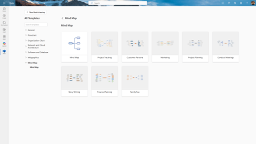 The Visio Templates page showing the available sample diagrams under the Mind Map category.