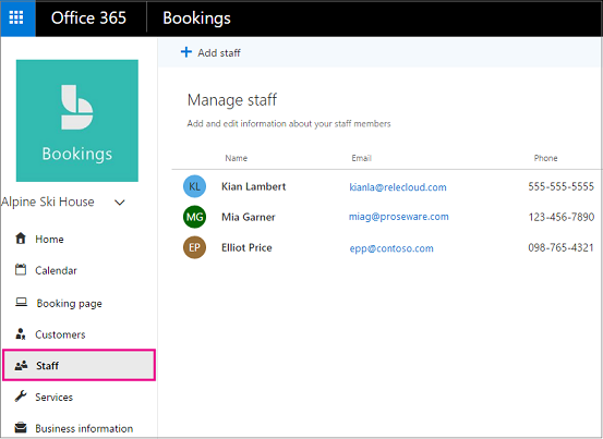 Staff page with "Staff" highlighted in the left nav