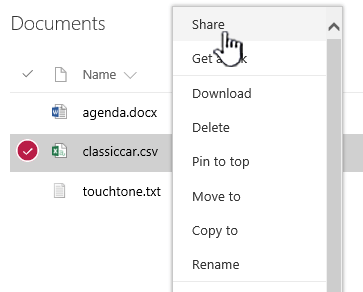 SPO Document right click menu with Share highlighted