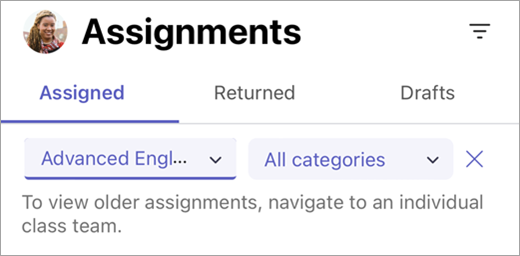 Screenshot showing where to sort assignments in a class by category in mobile Teams.