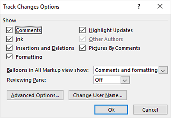 Track changes optons dialog box