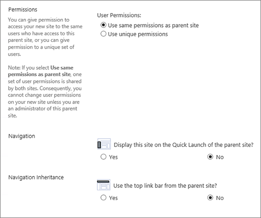 SharePoint 2016 Subsite dialog showning navigation and permission section