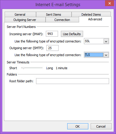 Outlook 2010 SSL and TLS settings