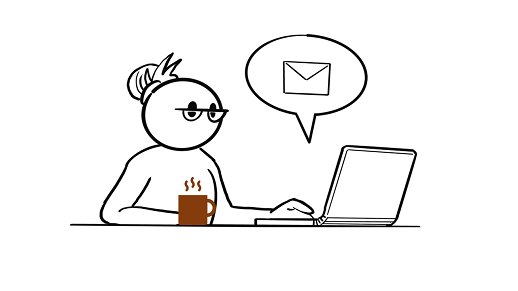 A line drawing of person sitting at a laptop