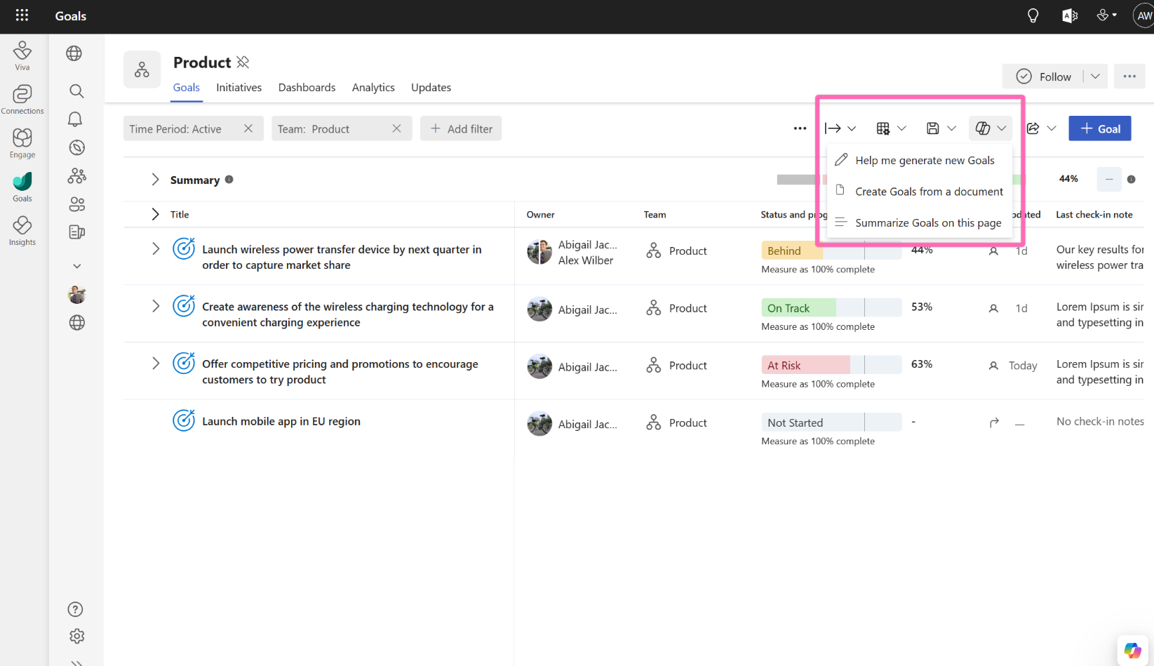 Screenshot that shows a view of a product team's OKRs, with an emphasis on the "Generate a summary" option.