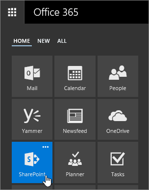 The app launcher with SharePoint highlighted.