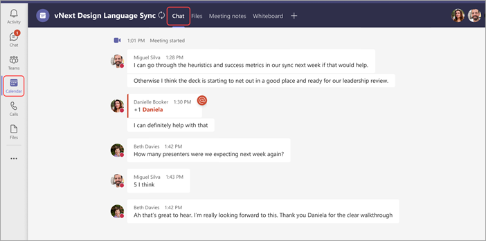 Screenshot showing how to find the chat tab in a meeting
