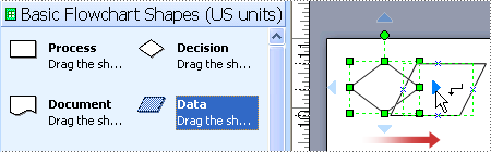 The pointer moves over the Decision shape to highlight the blue arrow in the direction where the Data Shape goes.