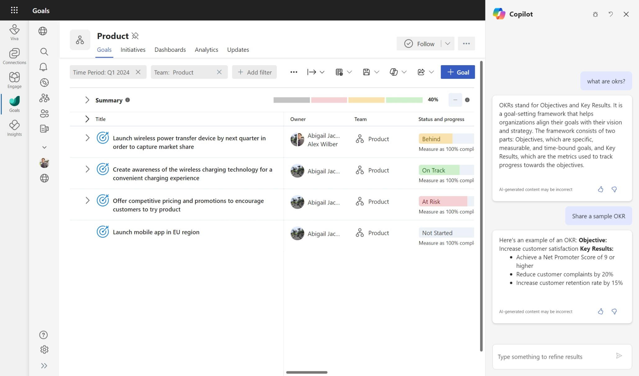 Screenshot that shows a view of a product team's OKRs, with the user asking Copilot questions about OKR methodology on the right side.