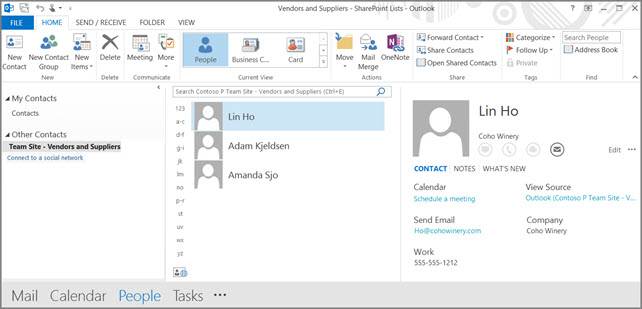 A screenshot of your team site contacts when they appear in Outlook