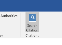 Screenshot shows a section of the Office ribbon with the Search Citations command highlighted in the Citations add-in.