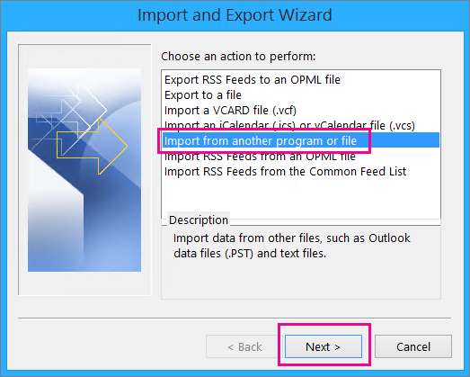 Choose to import email from another program or file