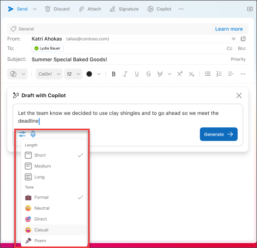 Length and tone options to choose when drafting emails in Outlook with Copilot