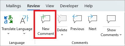 The New Comment button on the Review ribbon.