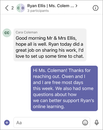 A parent/guardian sends a Teams message to their child's teacher